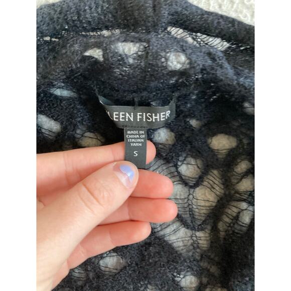 Eileen Fisher Cardigan Small Mohair Wool Open Knit Crochet Sheer Black Classic - Picture 8 of 16